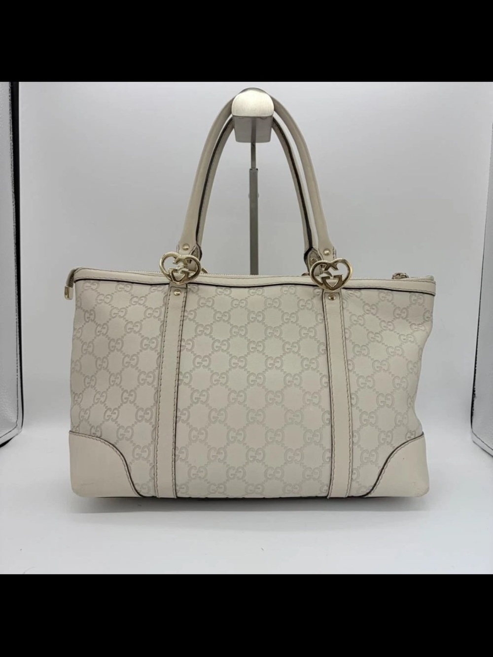 Gucci Cream GG Monogram Tote with Gold Hearts